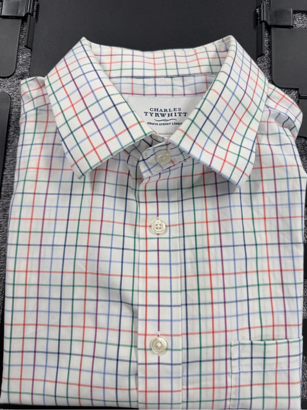 SKU 1327 Charles Tyrwhitt White Dress Shirt with Red Blue and Green Check